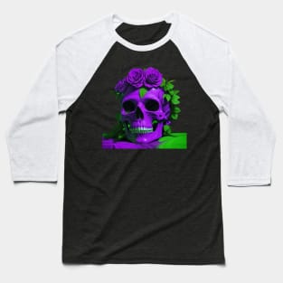 Gothic Elegance Meets Urban Flair: Green and Violet Skull Aesthetic with Roses Baseball T-Shirt